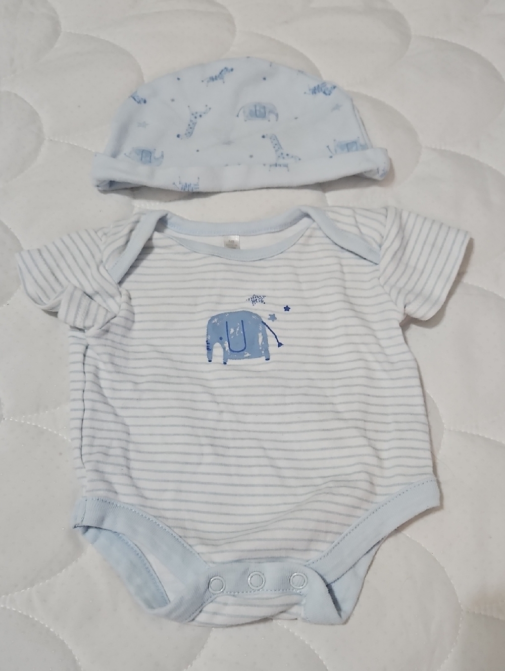 Blue Elephant Striped Baby Bodysuit & Hat Set